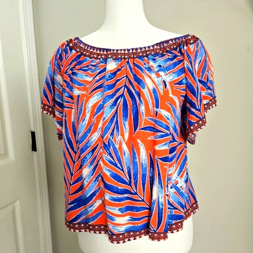 Flying Tomato Tropical Leaf Print Blouse XS Orange Blue Off Shoulder Boho Top - Picture 9 of 11